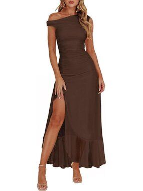 Women's Summer Off Shoulder Formal Dress Brown Bodycon Cocktail Maxi Dress